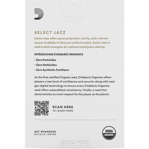  D'Addario Organics Select Jazz Filed Alto Saxophone Reeds - 4 Hard (10-pack)