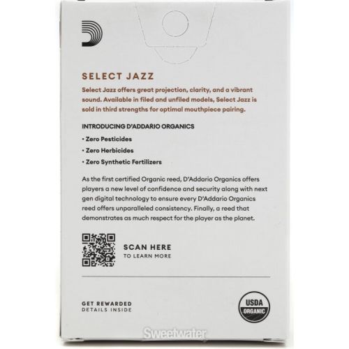  D'Addario Organics Select Jazz Unfiled Alto Saxophone Reeds - 2 Soft (10-pack)