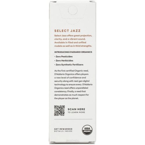  D'Addario Organics Select Jazz Unfiled Tenor Saxophone Reeds - 3 Soft (5-pack)