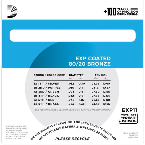  DAddario EXP11 Coated Acoustic Guitar Strings, 80/20, Light, 12-53, 25 Sets