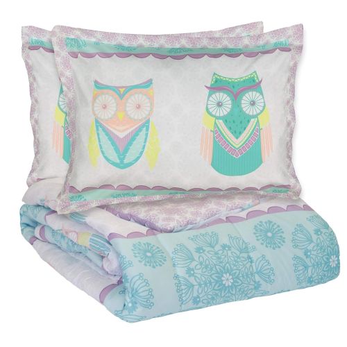  D 2 Piece Owl Comforter Twin Set Girls Owls Bedding Teal Blue Pink Kids Medallion Boho Chic Modern Trendy Floral Motif Themed Pattern, Polyester