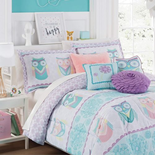  D 2 Piece Owl Comforter Twin Set Girls Owls Bedding Teal Blue Pink Kids Medallion Boho Chic Modern Trendy Floral Motif Themed Pattern, Polyester