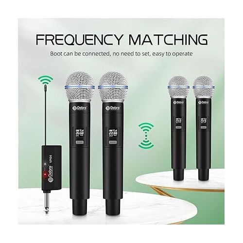  D Debra Wireless Microphone System Audio Dual Cordless Dynamic Handheld Mic with Rechargeable Receiver, for Karaoke Singing, Wedding, DJ, Party, Speech, Church, Class Use, 200ft (VP-04)