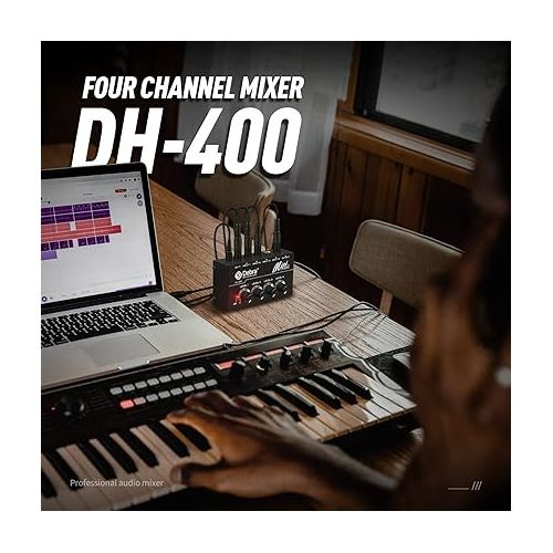  D Debra DH-400 Audio Mixer - 4-Channel Line Mixer for Sub-Mixing, Ultra Low-Noise Mini Mixer for Microphones, Guitars, Bass, Keyboards, and Stage Sub Mixing - Perfect for Small Clubs and Bars (Black)