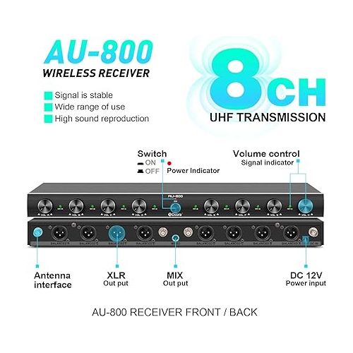  D Debra Audio AU800 Pro UHF 8 Channel Wireless Microphone System with Cordless Handheld Lavalier Headset Mics, Metal Receiver, Ideal for Karaoke Church Party (8 Bodypack)