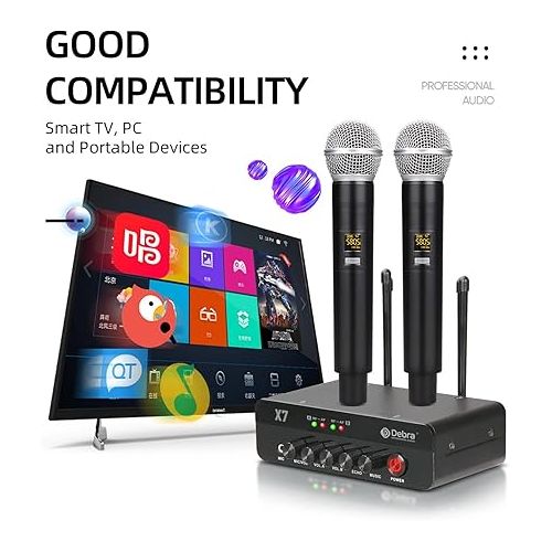  D Debra Audio PRO X7 UHF Wireless Microphone System with Dual Handheld Mic Have Optical, Coaxial Input, Compatible with Active Speaker, TV, for Home Karaoke (M61-2HD)