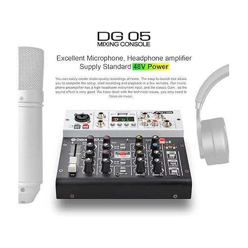  D Debra Professional Audio Mixer DG-05, 5 Channel Sound Board Mixing Console with Bluetooth, Mic Preamps & USB Audio Interface for PC Smartphone Studio Recording Webcast
