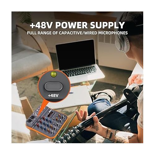  Audio Mixer D Debra Audio D4M Portable 4-Channel DJ Mixer Console, Sound Mixing Board with USB Bluetooth 48V Phantom Power, Audio Console for Live Wedding Party Recording Broadcast