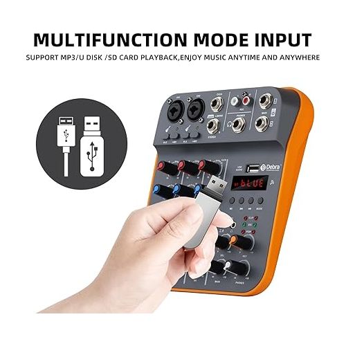  Audio Mixer D Debra Audio D4M Portable 4-Channel DJ Mixer Console, Sound Mixing Board with USB Bluetooth 48V Phantom Power, Audio Console for Live Wedding Party Recording Broadcast