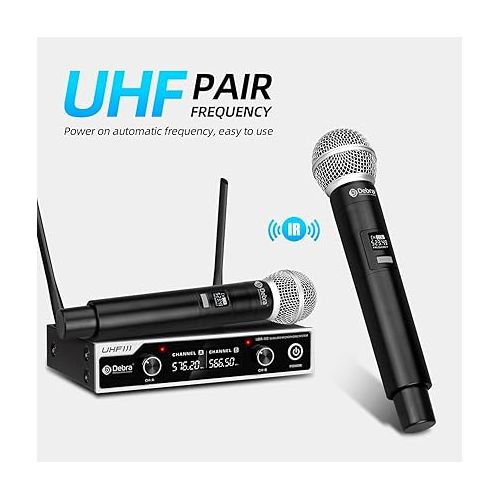  Wireless Microphone System D Debra UHF UBR-102 with Dual Handheld Cordless Mics, 260ft Range, Suitable for Church, Lectures, Karaoke, Weddings, DJ, and Bars