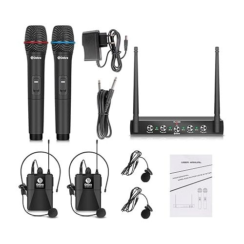  Debra Audio Pro UHF 4 Channel Wireless Microphone System with Cordless Handheld Lavalier Headset Mics, Metal Receiver, Ideal for Karaoke Church Party (with 2 Handheld & 2 Bodypack (B))
