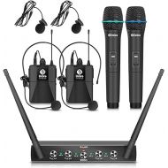 Debra Audio Pro UHF 4 Channel Wireless Microphone System with Cordless Handheld Lavalier Headset Mics, Metal Receiver, Ideal for Karaoke Church Party (with 2 Handheld & 2 Bodypack (A))