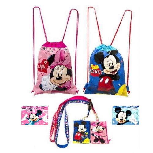  D i s n e y Disney Mickey and Minnie Mouse Drawstring Backpacks Plus Lanyards with Detachable Coin Purse and Autograph Books (Set of 6)