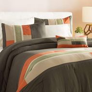 D-UNKN 4pc Full Queen Olive Green Orange Striped Comforter Set, Modern Circuit Design, Geometric Pattern Grey Stripes, Rectangle Blocks Patchwork Rugby, Vibrant Colorful Bedding Boys