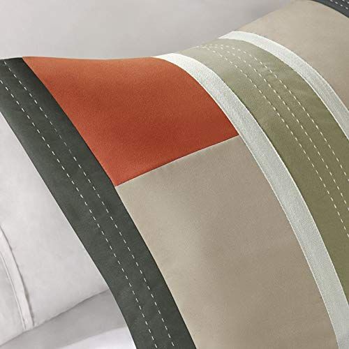  D-UNKN 4pc Full Queen Olive Green Orange Striped Comforter Set, Modern Circuit Design, Geometric Pattern Grey Stripes, Rectangle Blocks Patchwork Rugby, Vibrant Colorful Bedding Boys