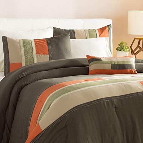  D-UNKN 4pc Full Queen Olive Green Orange Striped Comforter Set, Modern Circuit Design, Geometric Pattern Grey Stripes, Rectangle Blocks Patchwork Rugby, Vibrant Colorful Bedding Boys