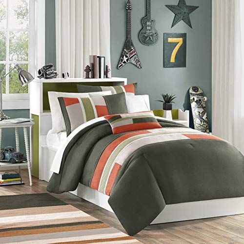  D-UNKN 4pc Full Queen Olive Green Orange Striped Comforter Set, Modern Circuit Design, Geometric Pattern Grey Stripes, Rectangle Blocks Patchwork Rugby, Vibrant Colorful Bedding Boys