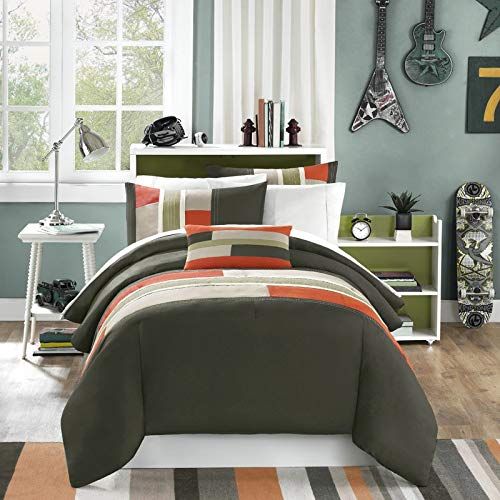  D-UNKN 4pc Full Queen Olive Green Orange Striped Comforter Set, Modern Circuit Design, Geometric Pattern Grey Stripes, Rectangle Blocks Patchwork Rugby, Vibrant Colorful Bedding Boys