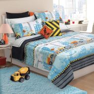 D.I.D. 3 Piece Kids Grey Orange Blue Construction Zone Themed Comforter Full Queen Set, Boys Caution Building Site Bedding, Yellow Black Yeild Sign Dump Truck Crane Bull Dozer Patt