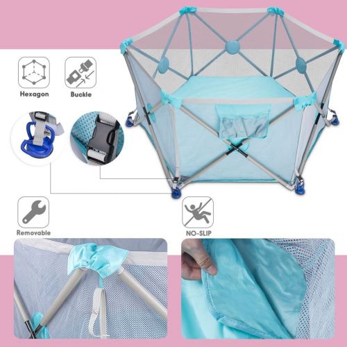  D.LIN Playpen Pop N Portable Playard for Babies/Toddler/Newborn/Infant with Travel Bag,6-Panel,More Protect,More Funny Time [ Blue ]