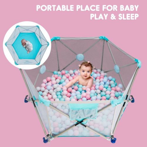  D.LIN Playpen Pop N Portable Playard for Babies/Toddler/Newborn/Infant with Travel Bag,6-Panel,More Protect,More Funny Time [ Blue ]