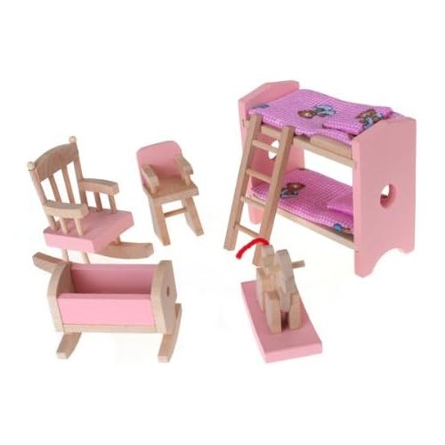 제네릭 DABLIZ GROUP INTERNATION TRADING LLC Generic Wood Dollhouse Furniture Nursery Double-Deck Bed Chairs Cradle Rocking Horse