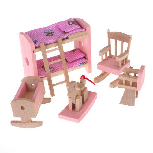 제네릭 DABLIZ GROUP INTERNATION TRADING LLC Generic Wood Dollhouse Furniture Nursery Double-Deck Bed Chairs Cradle Rocking Horse