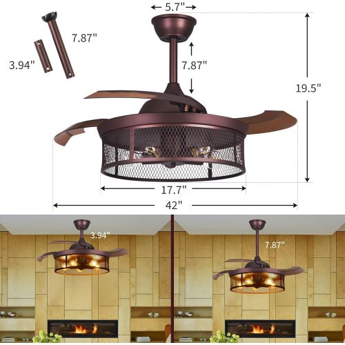  DAFOLOGIA Lighting & Ceiling Fans 42 Industrial Ceiling Fan with Lights Remote Control Farmhouse Caged Low Profile Ceiling Fan Light Kit for Kitchen Living Room Bedroom, 5 E26 Base