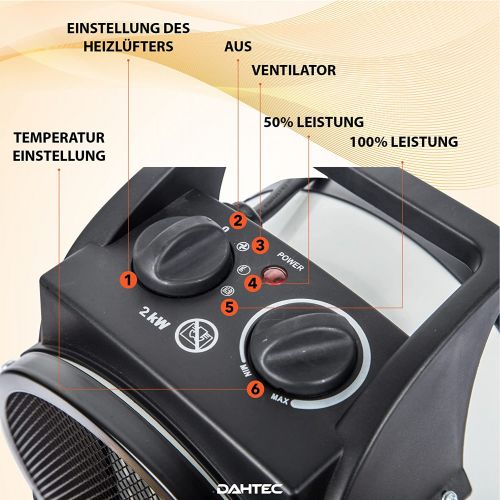  [아마존베스트]DAHTEC Electric Fan Heater with Thermostat and 2 Heat Settings, Electric Heater for Construction Site, Workshop, Caravan, Camping, Garage, Black