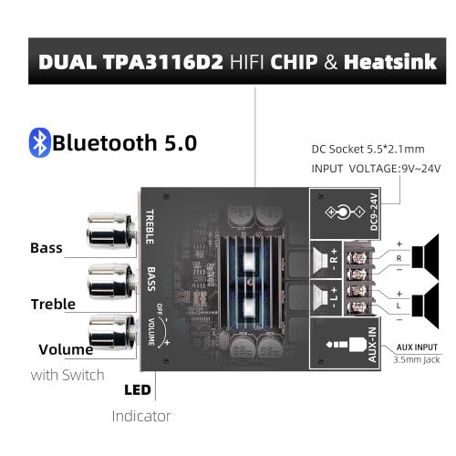  DAMGOO 100W+100W Amplifier Board with Treble and Bass Control, DC 9-24V, BT and AUX Inputs, 2.0 Channel Stereo AMP Board for DIY Wireless Speakers, Password Free