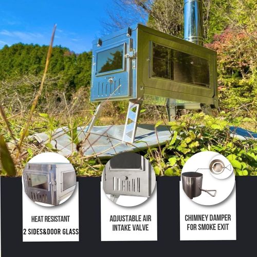  DANCHEL OUTDOOR 304 Stainless Steel Tent Wood Stove with 3 Glass, Tiny Folding Portable Wood Stove with 6.5ft Pipes for Camping Backpacking Hunting Easy Cooking