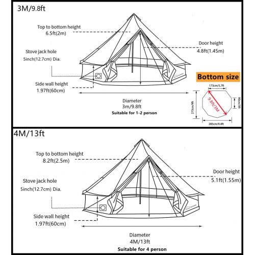  DANCHEL OUTDOOR 100% Cotton Canvas Bell Tent for Glamping with Waterproof Camping Shelter (Khaki, 3M=9.8ft)