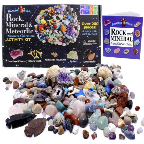  Dancing Bear Rock & Mineral Collection Activity Kit (200 Pc Set) with Meteorite, Real Shark Teeth Fossils, Arrowheads, Crystals, Gemstones, Treasure Hunt ID Sheet, STEM Science Edu