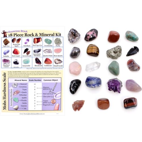  Dancing Bear Rock and Mineral Educational Collection & Deluxe Collection Box -18 Pieces with Description Sheet and Educational Information. Limited Edition, Geology Gem Kit for Kids with Displa