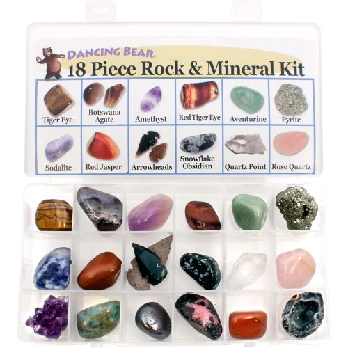  Dancing Bear Rock and Mineral Educational Collection & Deluxe Collection Box -18 Pieces with Description Sheet and Educational Information. Limited Edition, Geology Gem Kit for Kids with Displa