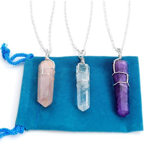  Dancing Bear Healing Crystal Pendant Necklaces (Set of 3) Master Stones: Amethyst, Rose Quartz & Clear Quartz w/ Identification Cards & Treasure Box, Positive Energy, Good Vibes, L