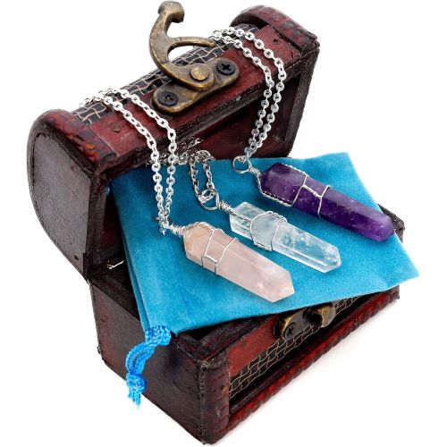  Dancing Bear Healing Crystal Pendant Necklaces (Set of 3) Master Stones: Amethyst, Rose Quartz & Clear Quartz w/ Identification Cards & Treasure Box, Positive Energy, Good Vibes, L