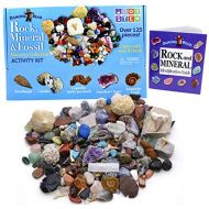 Dancing Bear Rock, Mineral & Fossil Collection Activity Kit (125+ pcs and NO GRAVEL) with 2 Geodes, Ammonite, Shark Tooth in Matrix, Fossilized Poo, Arrowheads, Plus ID Sheet & Rock book, STEM