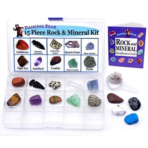  [아마존베스트]Dancing Bear -15 Pc Rock & Mineral Collection with Collector Box/Display Case, ID Sheet, Rock Book, Magnifying Glass, Beginner Starter Set, Kids Gemstone Crystal Kit, STEM Geology