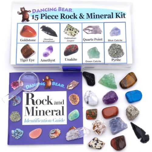  [아마존베스트]Dancing Bear -15 Pc Rock & Mineral Collection with Collector Box/Display Case, ID Sheet, Rock Book, Magnifying Glass, Beginner Starter Set, Kids Gemstone Crystal Kit, STEM Geology