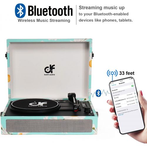  DANFI AUDIO DF Vinyl Record Player Bluetooth Record Player with Built-in Speakers, Vintage Portable Suitcase Turntable 3 Speed with USB Recording Headphone/RCA/AUX Jack Record Player Blue