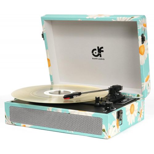  DANFI AUDIO DF Vinyl Record Player Bluetooth Record Player with Built-in Speakers, Vintage Portable Suitcase Turntable 3 Speed with USB Recording Headphone/RCA/AUX Jack Record Player Blue