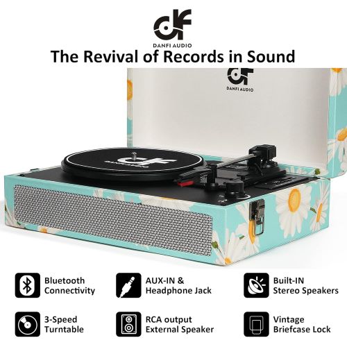  DANFI AUDIO DF Vinyl Record Player Bluetooth Record Player with Built-in Speakers, Vintage Portable Suitcase Turntable 3 Speed with USB Recording Headphone/RCA/AUX Jack Record Player Blue