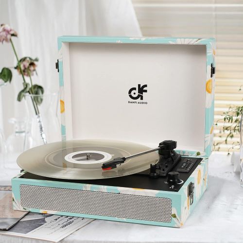  DANFI AUDIO DF Vinyl Record Player Bluetooth Record Player with Built-in Speakers, Vintage Portable Suitcase Turntable 3 Speed with USB Recording Headphone/RCA/AUX Jack Record Player Blue