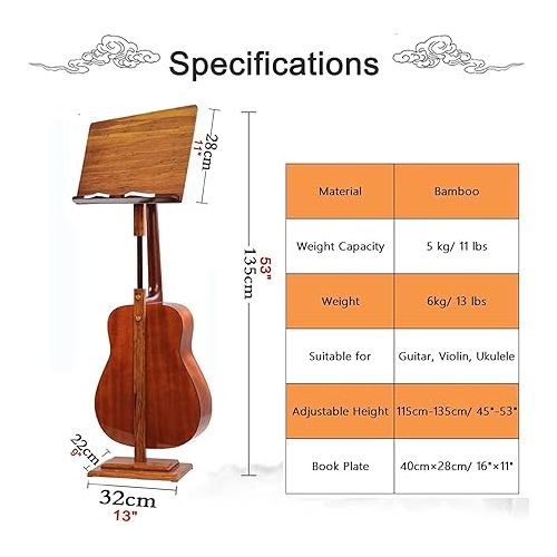  Music Stand, Sheet Music Stand, Heavy Wooden Music Holder Adjustable Angle Sheet Music Stands Freestanding Guitar Stand for Church Concert