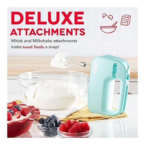  Dash SmartStore™ Deluxe Compact Electric Hand Mixer + Whisk and Milkshake Attachment for Whipping, Mixing Cookies, Brownies, Cakes, Dough, Batters, Meringues & More, 3 Speed, 150-Watt - Aqua