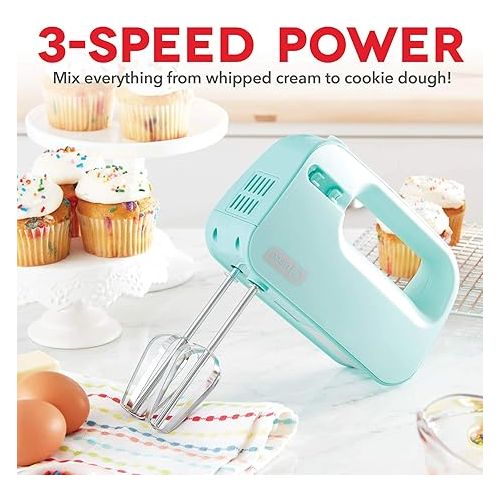  Dash SmartStore™ Deluxe Compact Electric Hand Mixer + Whisk and Milkshake Attachment for Whipping, Mixing Cookies, Brownies, Cakes, Dough, Batters, Meringues & More, 3 Speed, 150-Watt - Aqua