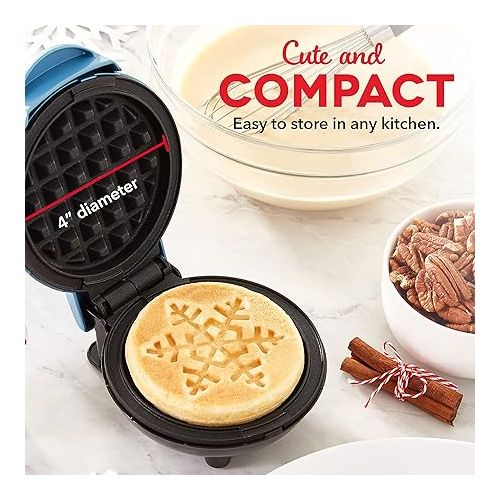  Dash Mini Waffle Maker (2 Pack) for Individual Waffles Hash Browns, Keto Chaffles with Easy to Clean, Non-Stick Surfaces, 4 Inch, Holiday (Snowflake + Gingerbread), Red and Metallic Blue