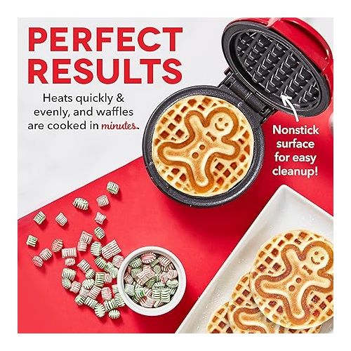  Dash Mini Waffle Maker (2 Pack) for Individual Waffles Hash Browns, Keto Chaffles with Easy to Clean, Non-Stick Surfaces, 4 Inch, Holiday (Snowflake + Gingerbread), Red and Metallic Blue