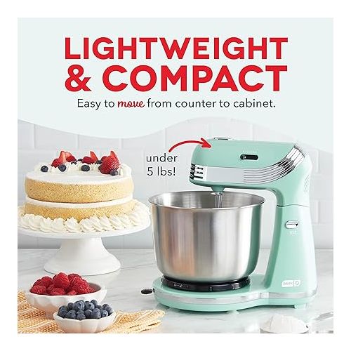  Dash Stand Mixer (Electric Mixer for Everyday Use): 6 Speed Stand Mixer with 3 Quart Stainless Steel Mixing Bowl, Dough Hooks & Mixer Beaters for Dressings, Frosting, Meringues & More - Aqua